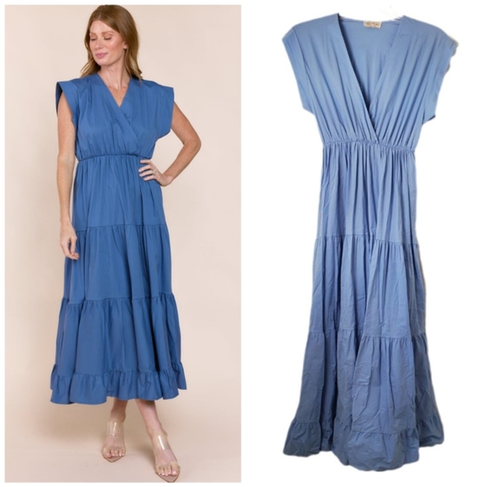 Sofia Women's Blue Tahoe Dress - Cotton Surplice Tiered Maxi Midi Made In Italy